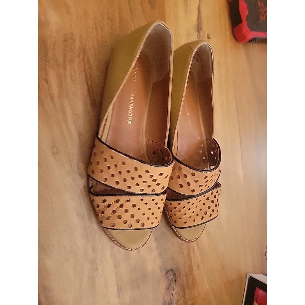 Rebecca Minkoff Sadie Perforated Leather Flats 6 Camel Tan Open Toe M470463
